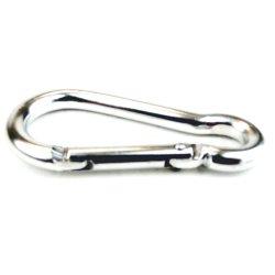 Silver snap hook for connecting, securing, and lifting applications.