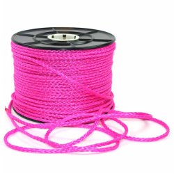 Bright pink loosely braided polyethylene rope, durable and UV-resistant. Ideal for dog leashes, tracking lines, and barriers