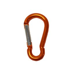 Orange fire carabiner made of aluminum with a spring-loaded latch. Lightweight, corrosion-resistant, and ideal for quick connect