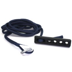 Mooring rope with spring, thimble, and shackle.