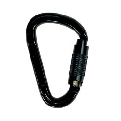 Black aluminum climbing carabiner with self-locking quick secure mechanism. Ideal for climbing, outdoor activities, and hiking.