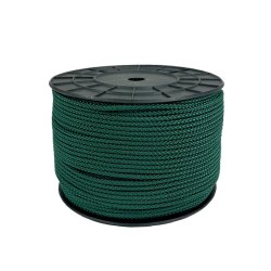 Dark green 8-braided polypropylene multifilament rope with a smooth and flexible texture. Ideal for dog leashes, decorations, an