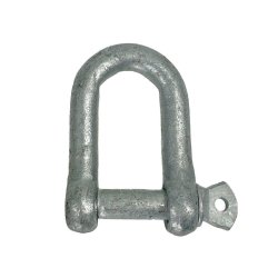 Straight galvanized steel shackle in use, attached to a chain and eyelet for anchoring in industrial, construction, or rigging a