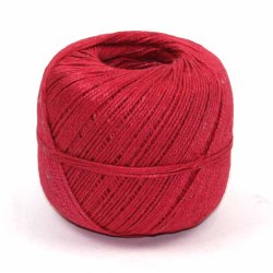 Red sewing twine made of 100% flax fibers.