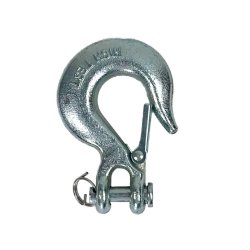 Winch hook with pin in durable steel, designed for secure attachment to winch lines, wires, and chains. Spring-loaded latch ensu